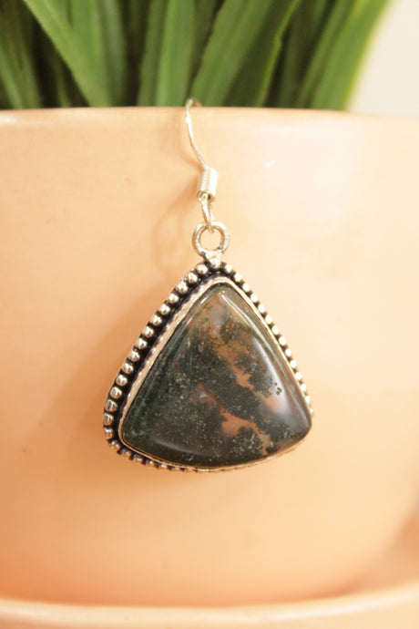 Natural Moss Agate Natural Gemstone Silver Plated Earrings