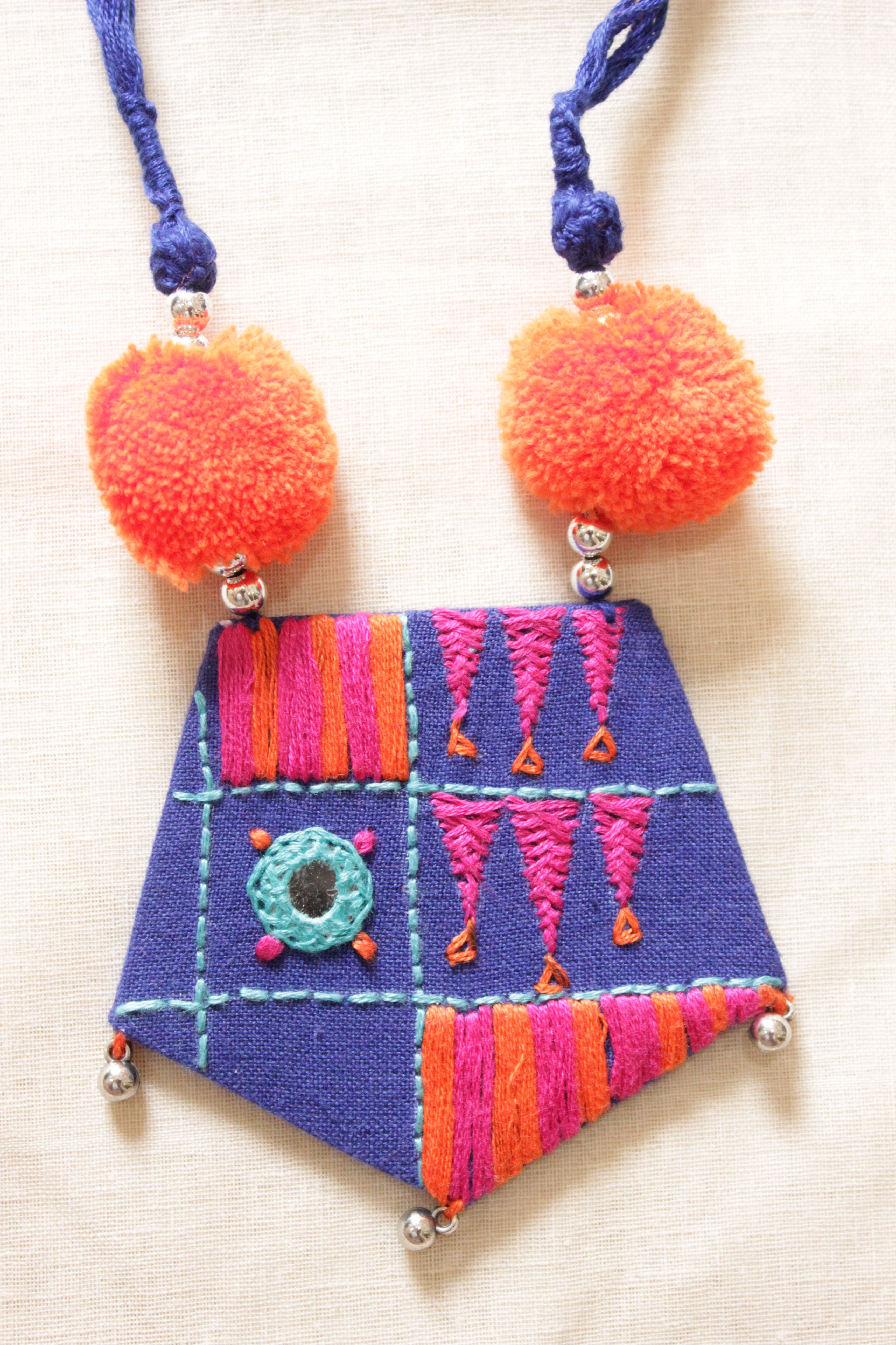 Violet and Orange Handcrafted Mirror Work Fabric Necklace