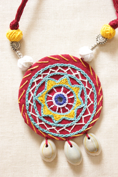 Red & Yellow Cross-Stitch Hand Embroidered Shell Work Fabric Necklace