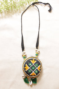 Black & Yellow Cross-Stitch Hand Embroidered Shell and Mirror Work Fabric Necklace