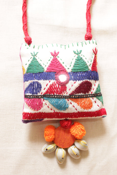 White & Multi-Color Cross-Stitch Hand Embroidered Fabric Necklace