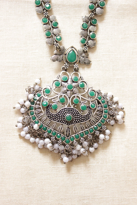 Green Glass Stones Embedded Silver Finish Peacock Motifs Chain Necklace Set