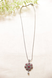 Ruby Glass Stones Embedded Petite Oxidised Finish Pendant Chain Necklace