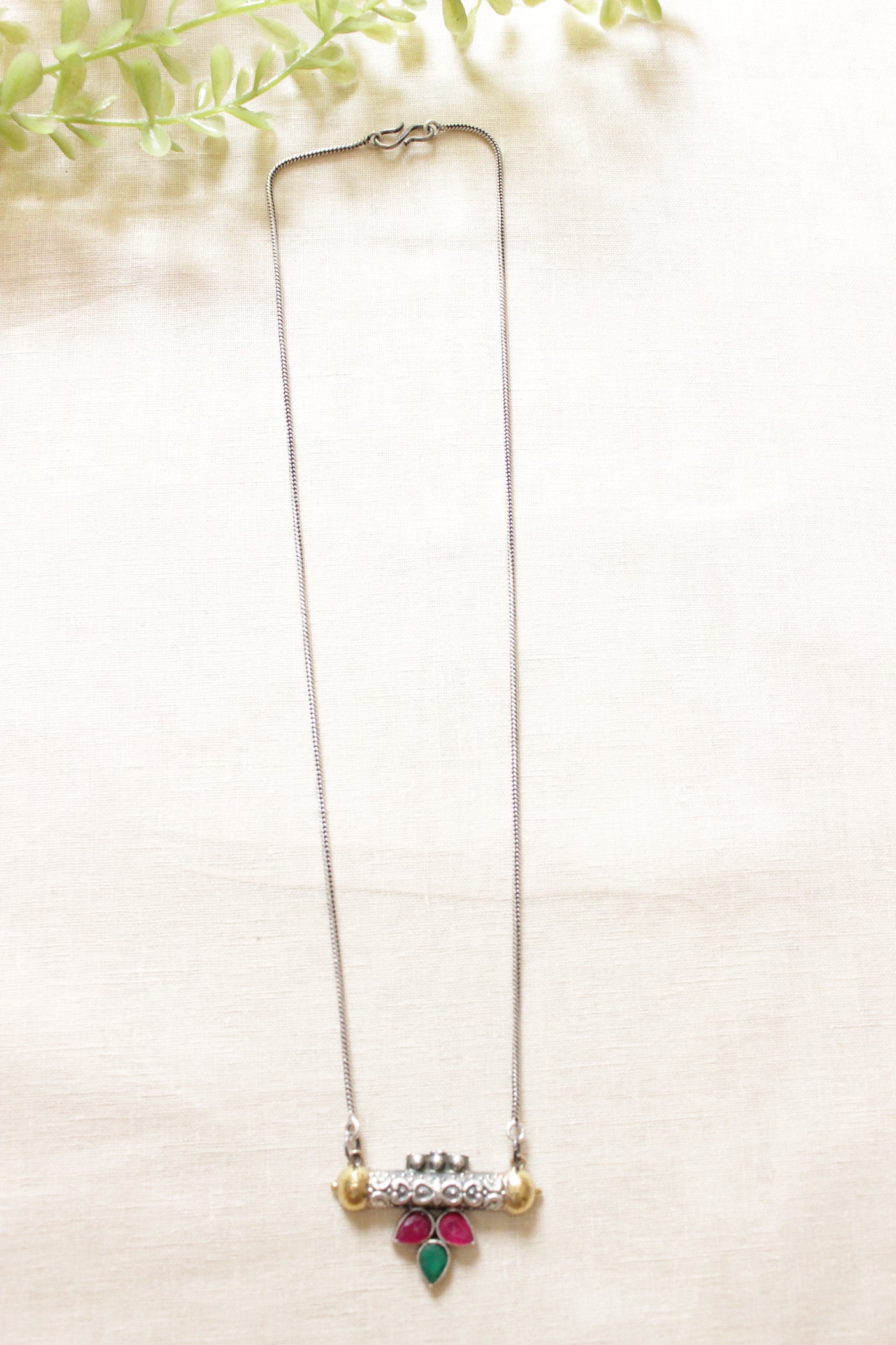 Ruby & Green Glass Stones Embedded Petite Dual Tone Pendant Chain Necklace