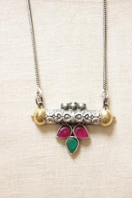 Ruby & Green Glass Stones Embedded Petite Dual Tone Pendant Chain Necklace