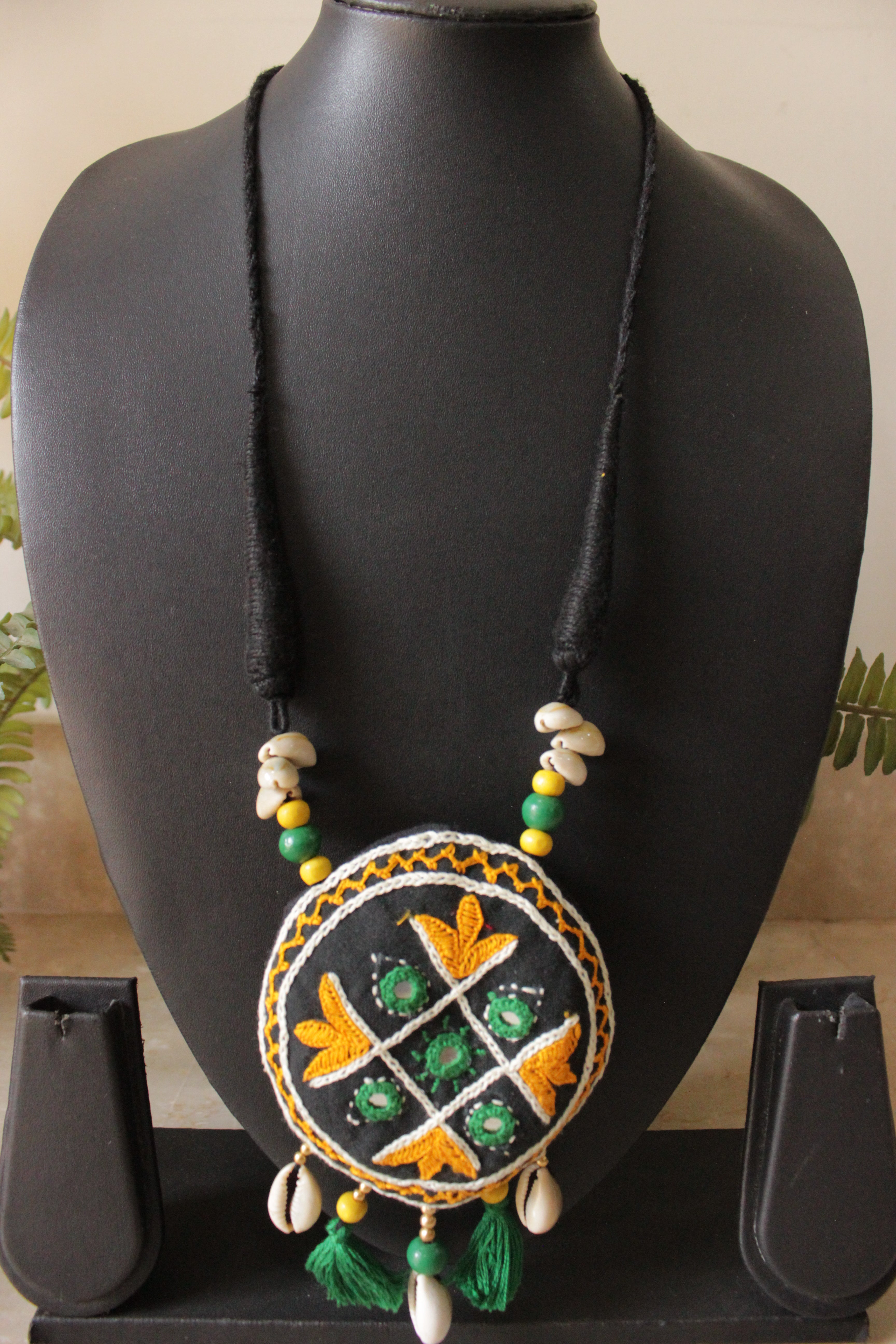 Black & Yellow Cross-Stitch Hand Embroidered Shell and Mirror Work Fabric Necklace