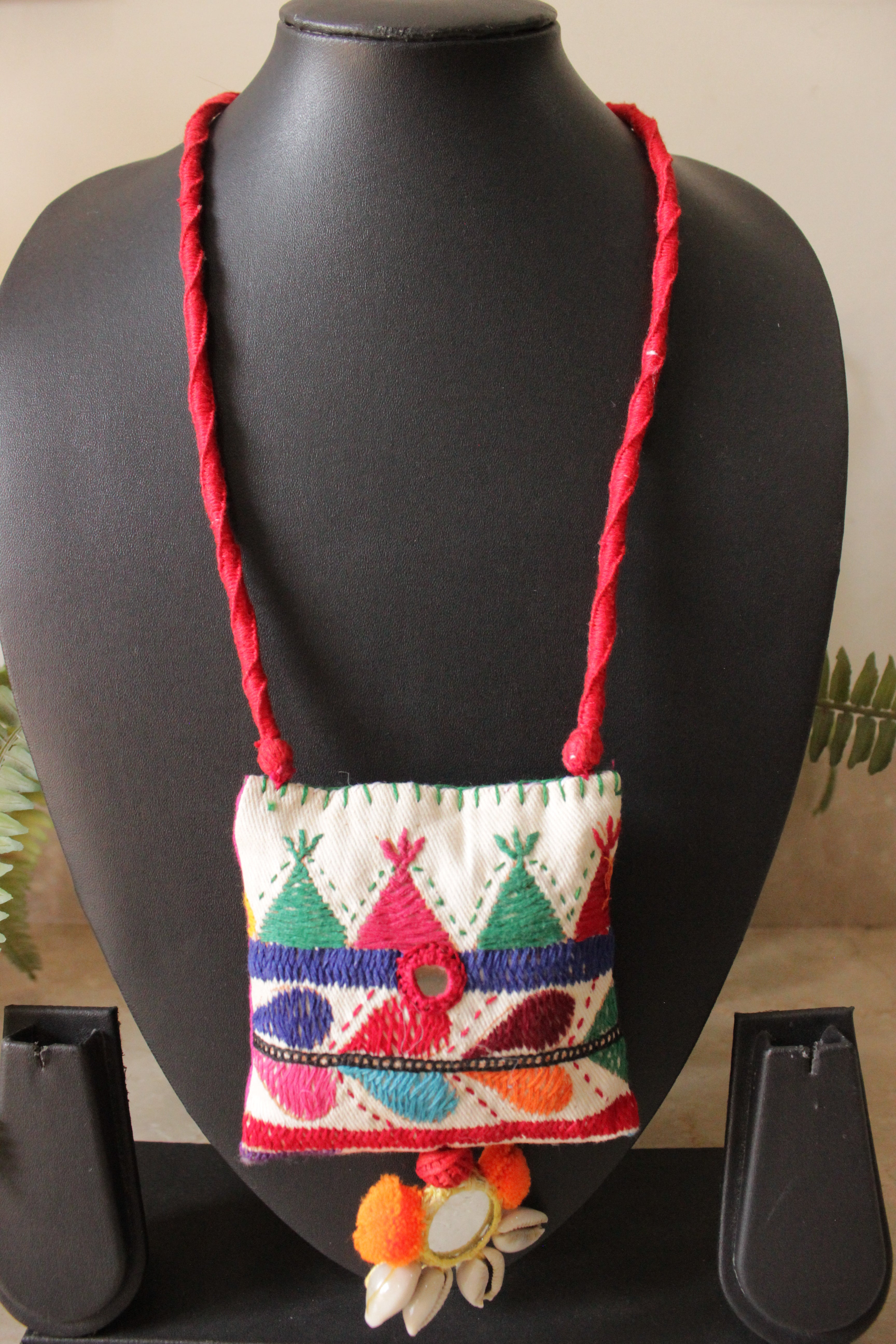 White & Multi-Color Cross-Stitch Hand Embroidered Fabric Necklace