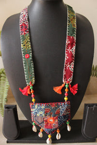 Multi-Color Block Printed Fabric Necklace Accentuated with Shells