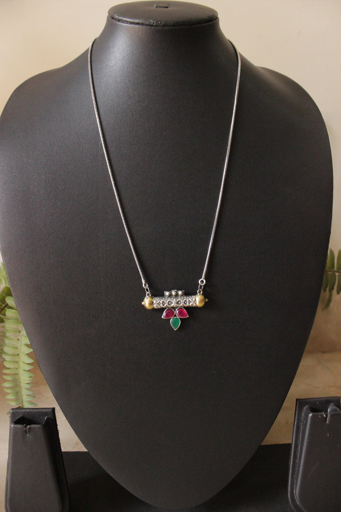 Ruby & Green Glass Stones Embedded Petite Dual Tone Pendant Chain Necklace