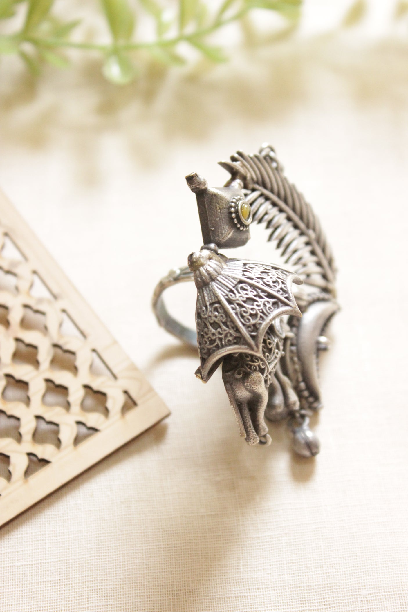 Oxidised Silver Finish Elephant Motif Statement Cocktail Adjustable Ring