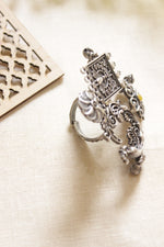 Load image into Gallery viewer, Oxidised Silver Finish Peacock &amp; Flower Motif Statement Cocktail Adjustable Ring
