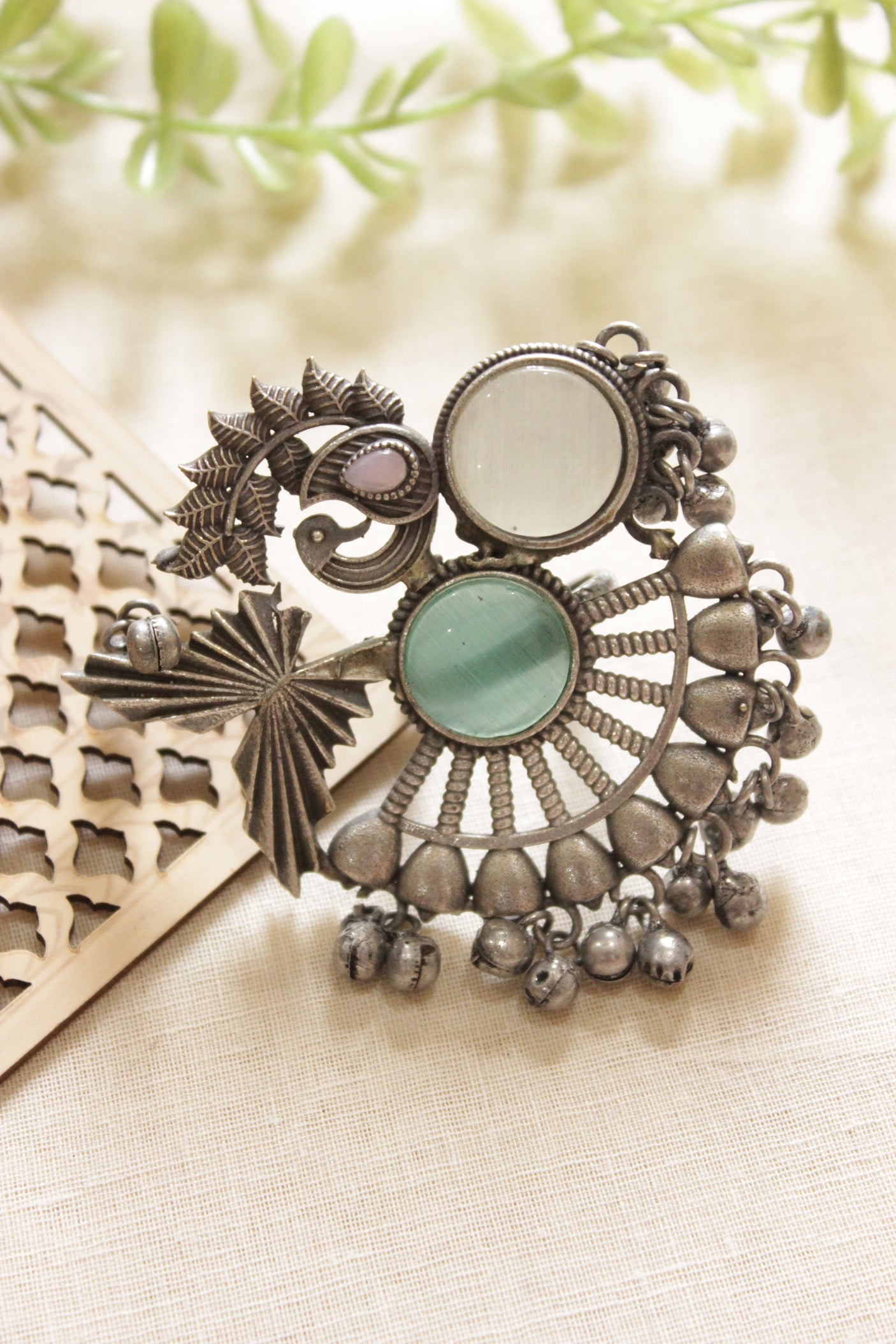 Oxidised Silver Finish Peacock & Ghungroo Beads Statement Cocktail Adjustable Ring