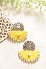 Fabric & Metal White Beads Embellished Half Moon Fabric Earrings