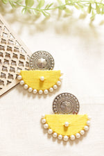Load image into Gallery viewer, Fabric &amp; Metal White Beads Embellished Half Moon Fabric Earrings
