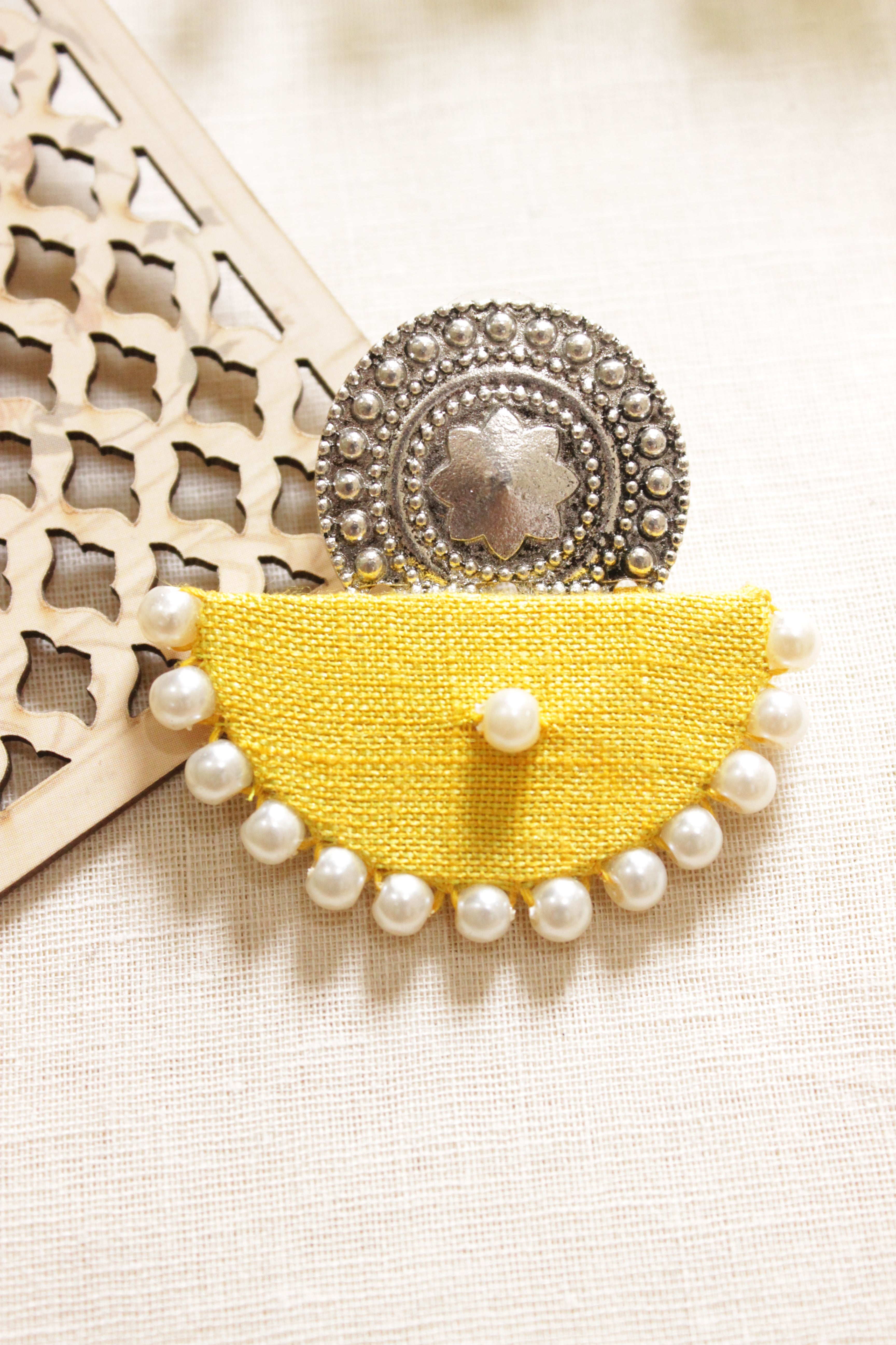 Fabric & Metal White Beads Embellished Half Moon Fabric Earrings
