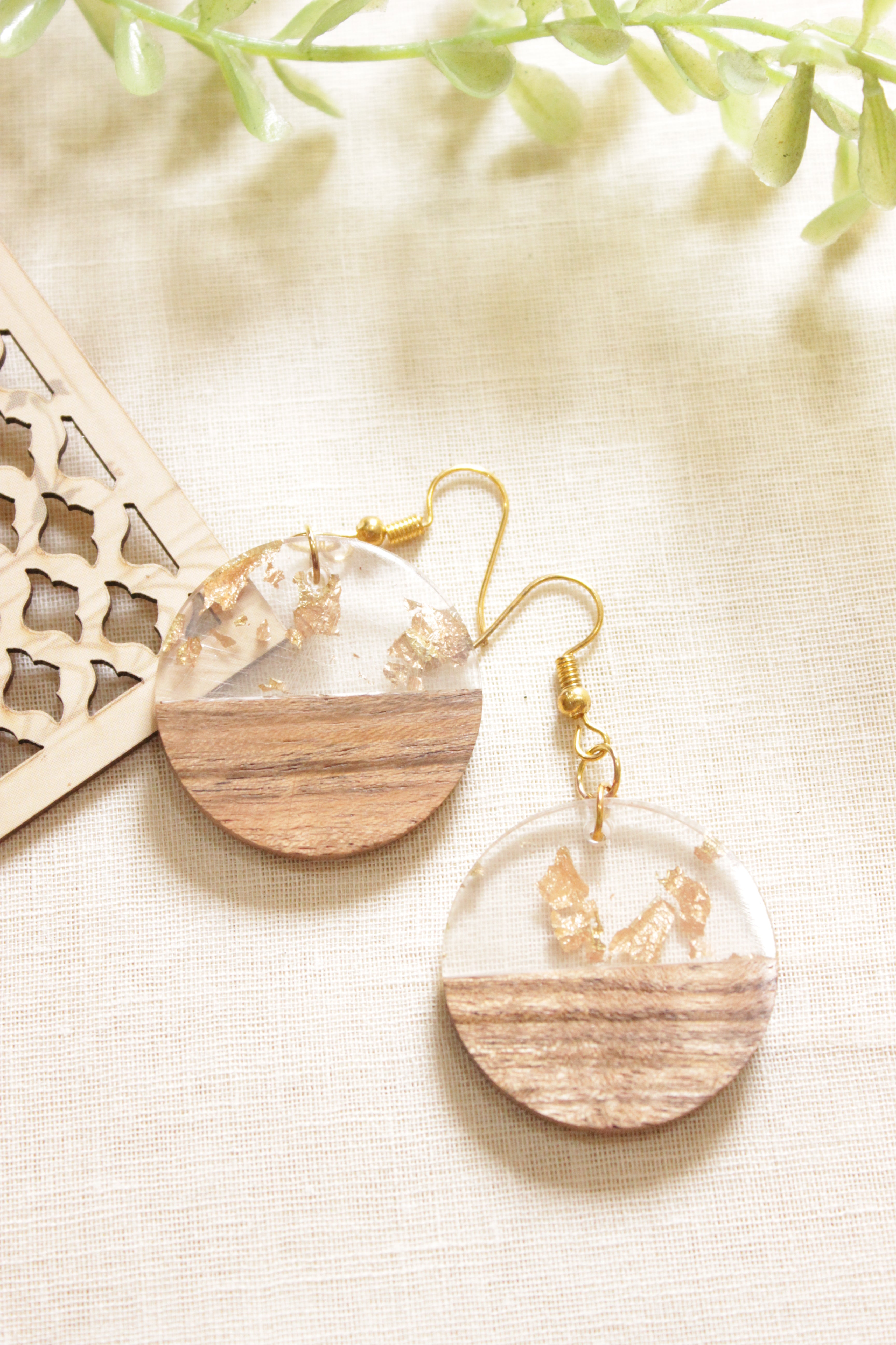 Wood & Resin Gold Toned Circular Earrings
