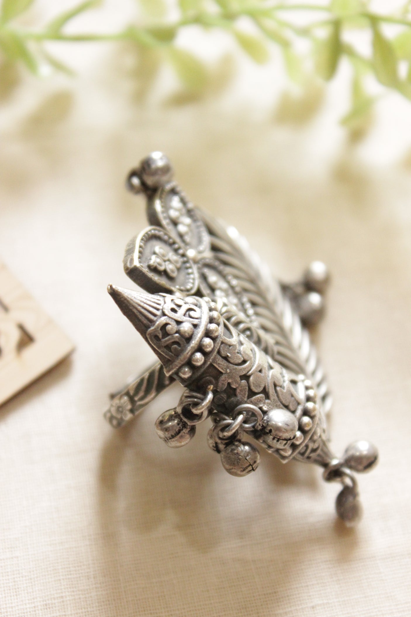 Oxidised Silver Finish Leaf Motifs Statement Cocktail Adjustable Ring