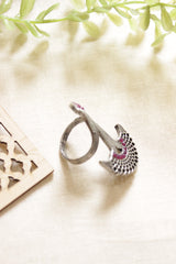 Fuchsia Glass Stones Honeycomb Oxidised Silver Finish Statement Ring