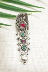 Peacock Motif Oxidised Finish Red & Green Stones Versatile Long Dangler Earrings