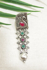 Load image into Gallery viewer, Peacock Motif Oxidised Finish Red &amp; Green Stones Versatile Long Dangler Earrings
