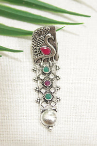 Peacock Motif Oxidised Finish Red & Green Stones Versatile Long Dangler Earrings