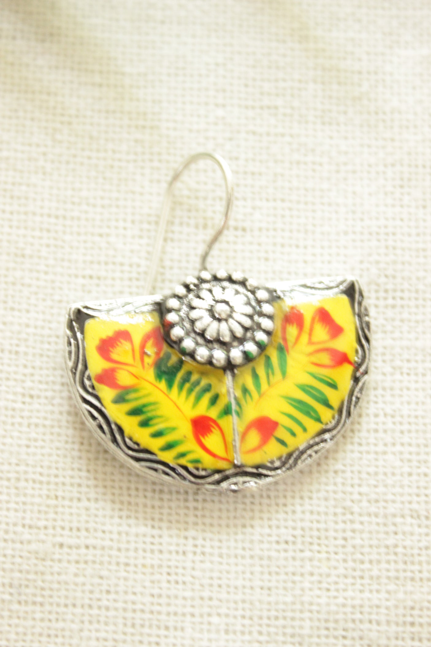 Yellow Enamel Painted Flower Motifs Half Moon Oxidised Finish Metal Earrings
