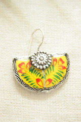 Yellow Enamel Painted Flower Motifs Half Moon Oxidised Finish Metal Earrings