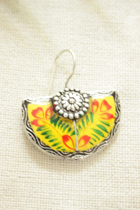 Yellow Enamel Painted Flower Motifs Half Moon Oxidised Finish Metal Earrings