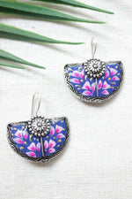 Load image into Gallery viewer, Violet Enamel Painted Flower Motifs Half Moon Oxidised Finish Metal Earrings
