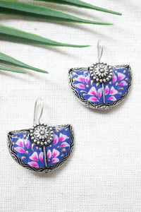 Violet Enamel Painted Flower Motifs Half Moon Oxidised Finish Metal Earrings