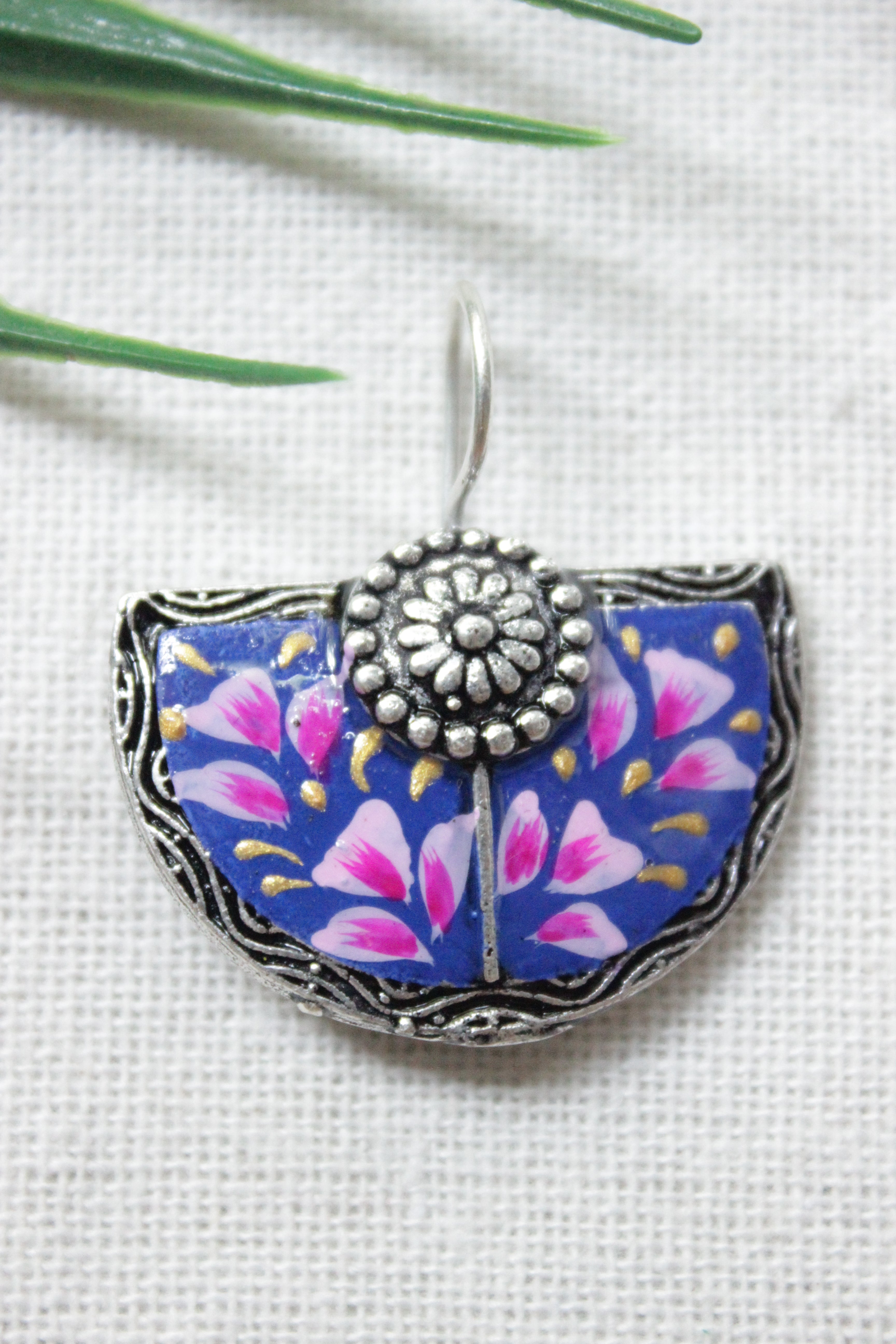 Violet Enamel Painted Flower Motifs Half Moon Oxidised Finish Metal Earrings