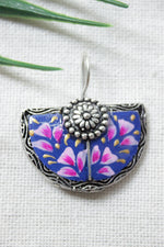Load image into Gallery viewer, Violet Enamel Painted Flower Motifs Half Moon Oxidised Finish Metal Earrings
