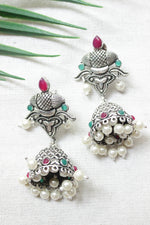 Load image into Gallery viewer, Ruby Red and Green Glass Stones Embedded Oxidised Finish Jhumka Earrings
