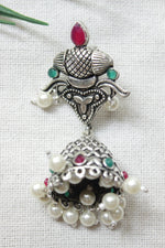 Load image into Gallery viewer, Ruby Red and Green Glass Stones Embedded Oxidised Finish Jhumka Earrings
