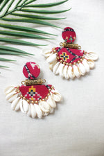 Load image into Gallery viewer, Red Fabric Block Printed 2 Layer Earrings with Shell Work
