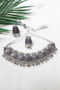 Elaborate Oxidised Finish Choker Necklace Set Accentuated with Ghungroo Beads with Adjustable Closure