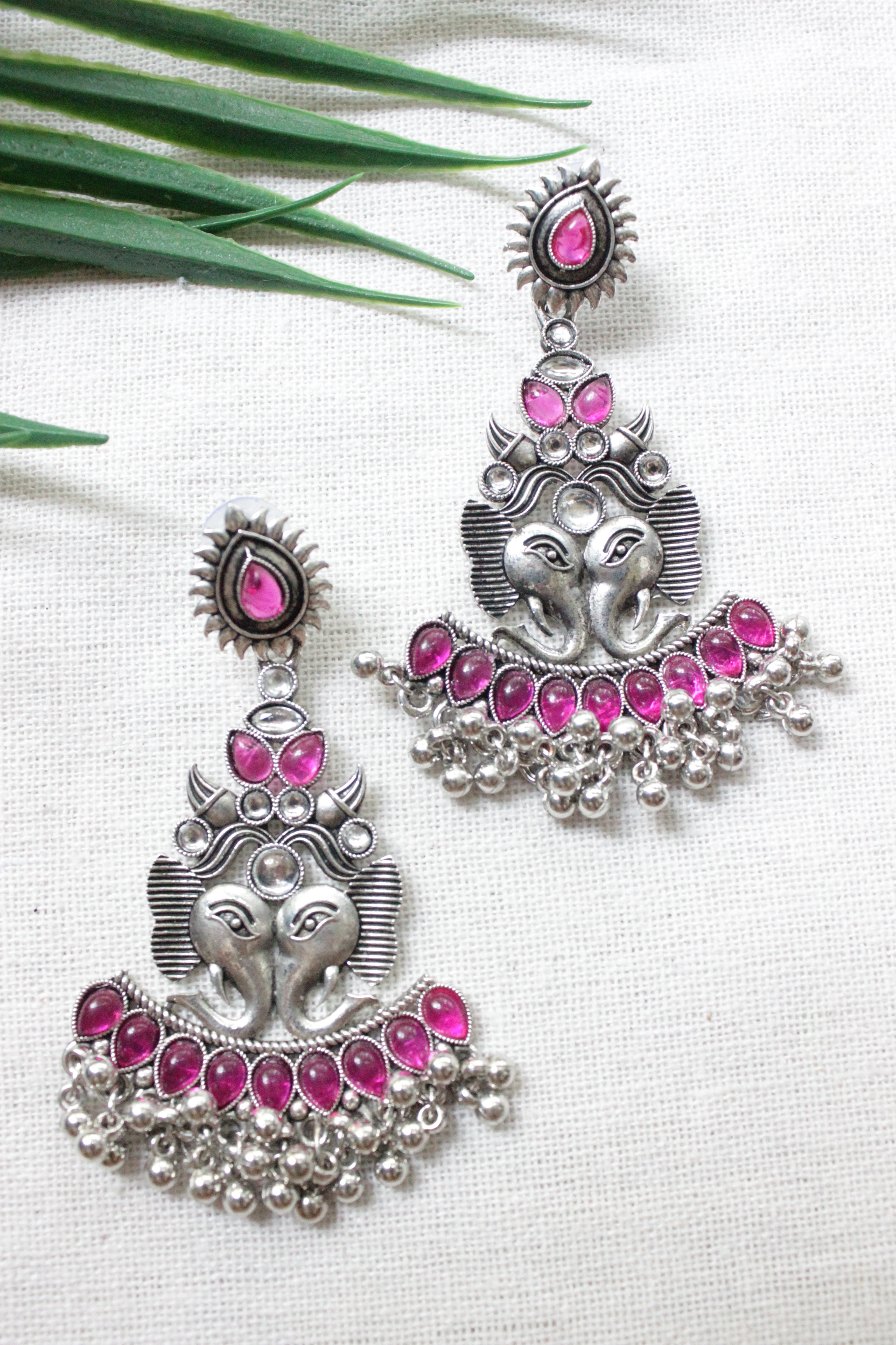 Elephant Motif Pink Stones Embedded Oxidised Finish Earrings