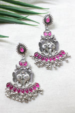 Load image into Gallery viewer, Elephant Motif Pink Stones Embedded Oxidised Finish Earrings
