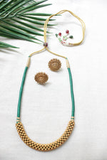 Load image into Gallery viewer, Handmade Green Fabric Threads and Gold Plated Metal Accents Adjustable Length Necklace Set
