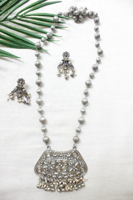 Dual Tone Oxidised Finish Rhinestones Embedded Long Necklace Set