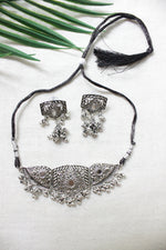 Load image into Gallery viewer, Oxidised Silver Adjustable Length Dori Closure Choker Necklace Set
