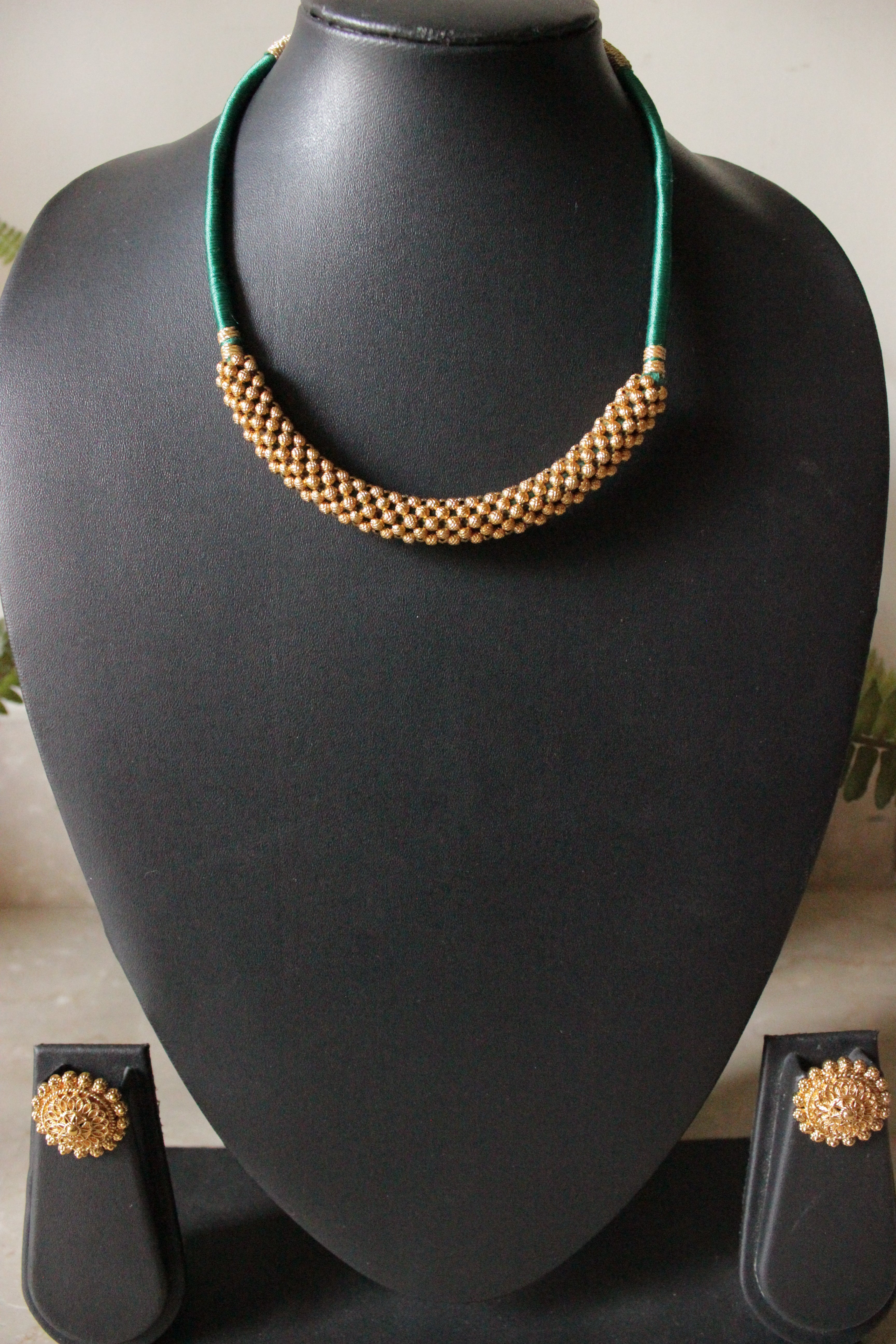 Handmade Green Fabric Threads and Gold Plated Metal Accents Adjustable Length Necklace Set