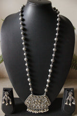 Dual Tone Oxidised Finish Rhinestones Embedded Long Necklace Set