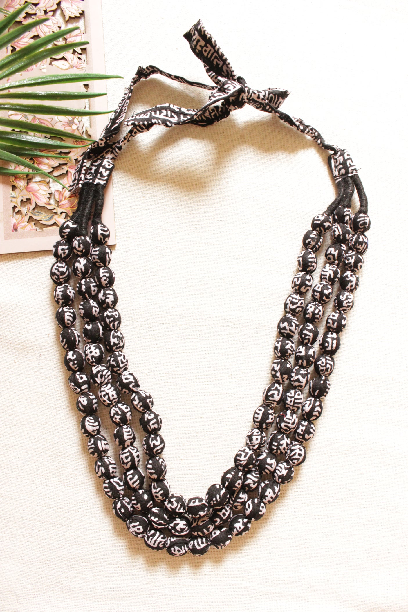 Black & White Block Printed Fabric Beads Handmade 3 Layer Necklace Set