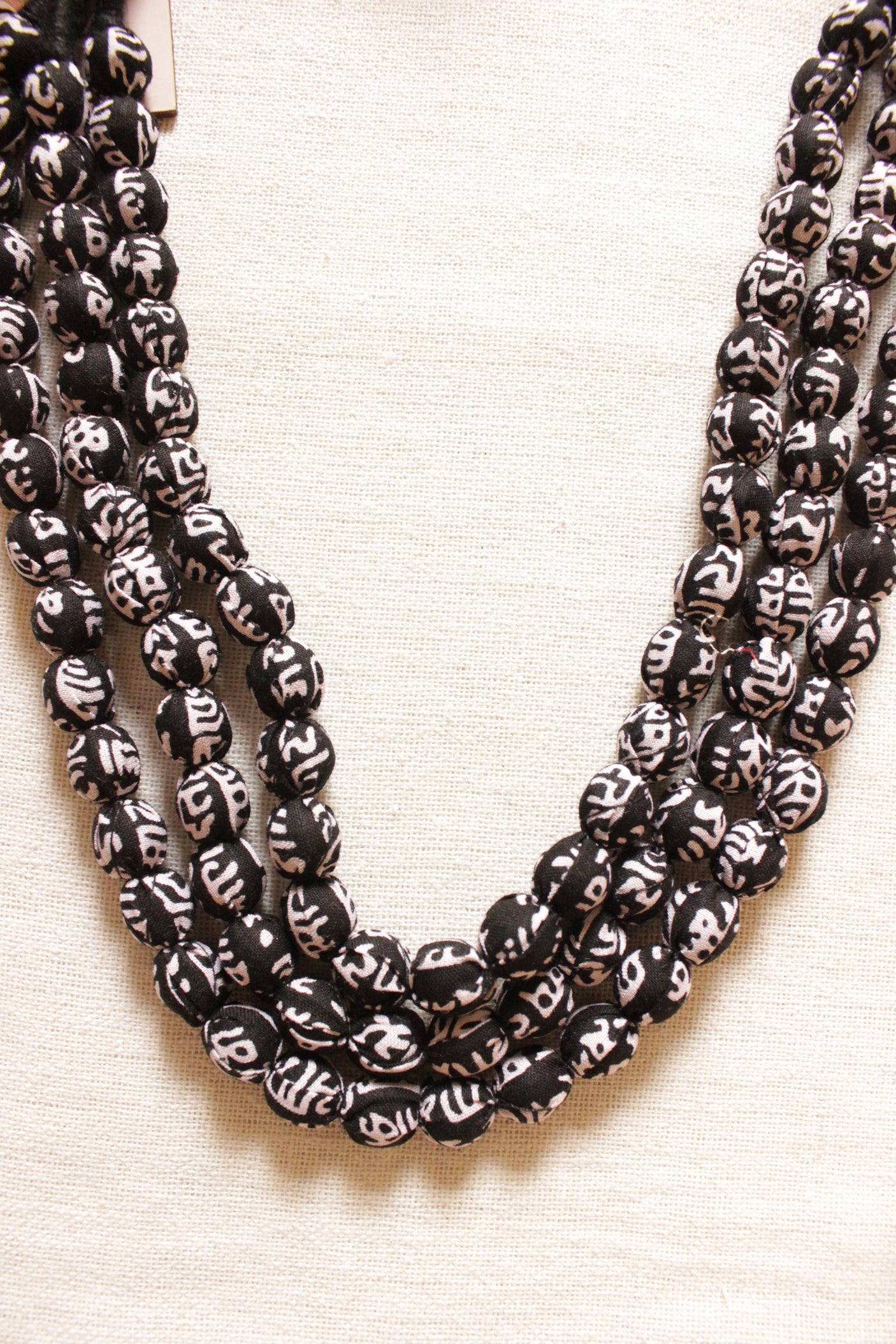Black & White Block Printed Fabric Beads Handmade 3 Layer Necklace Set