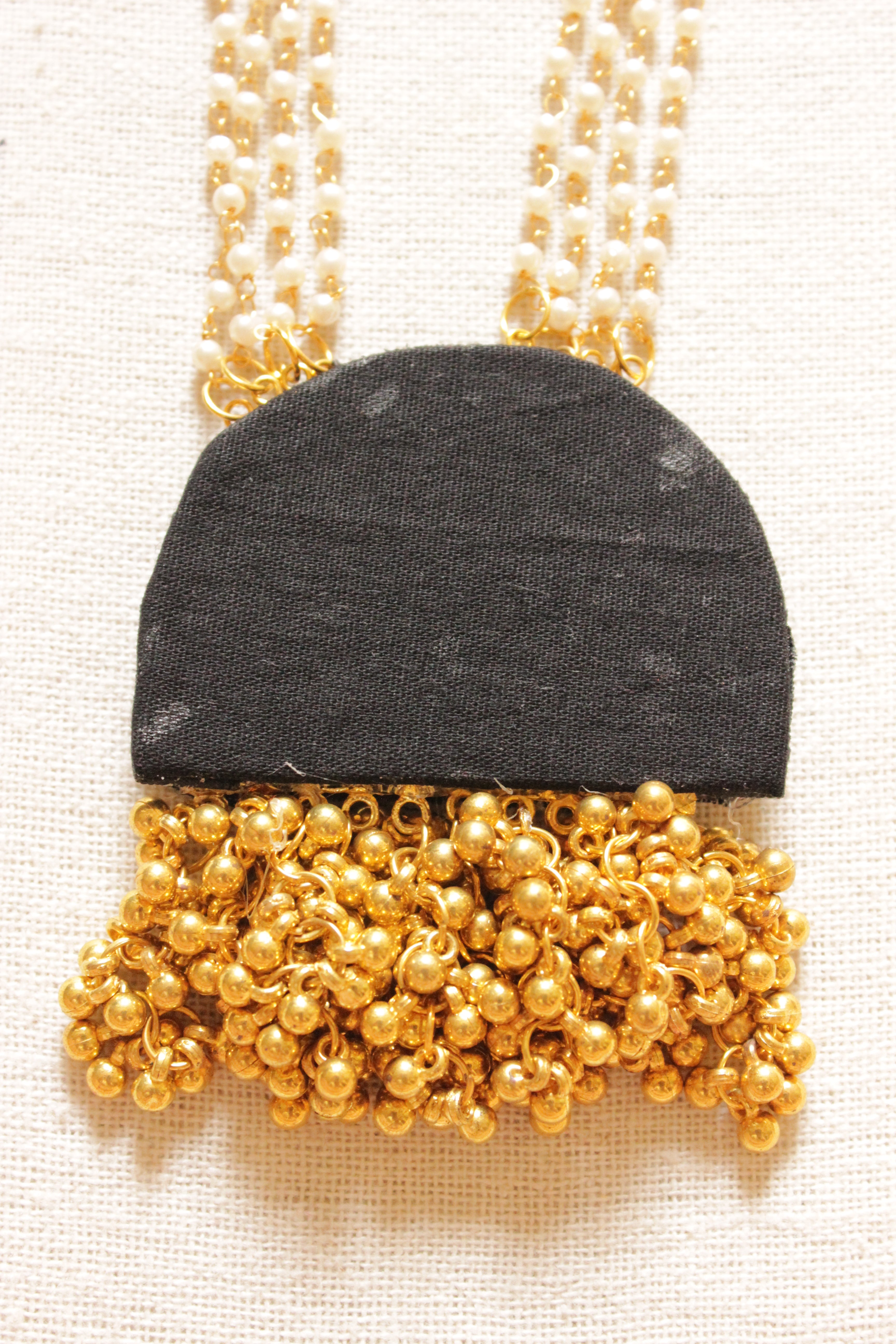 Fabric Pendant White & Golden Beads Dori Closure Long Necklace Set
