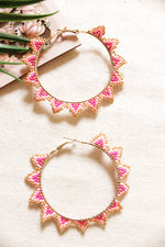 Load image into Gallery viewer, Shades of Pink Hand Beaded Gold Finish Hoop Earrings
