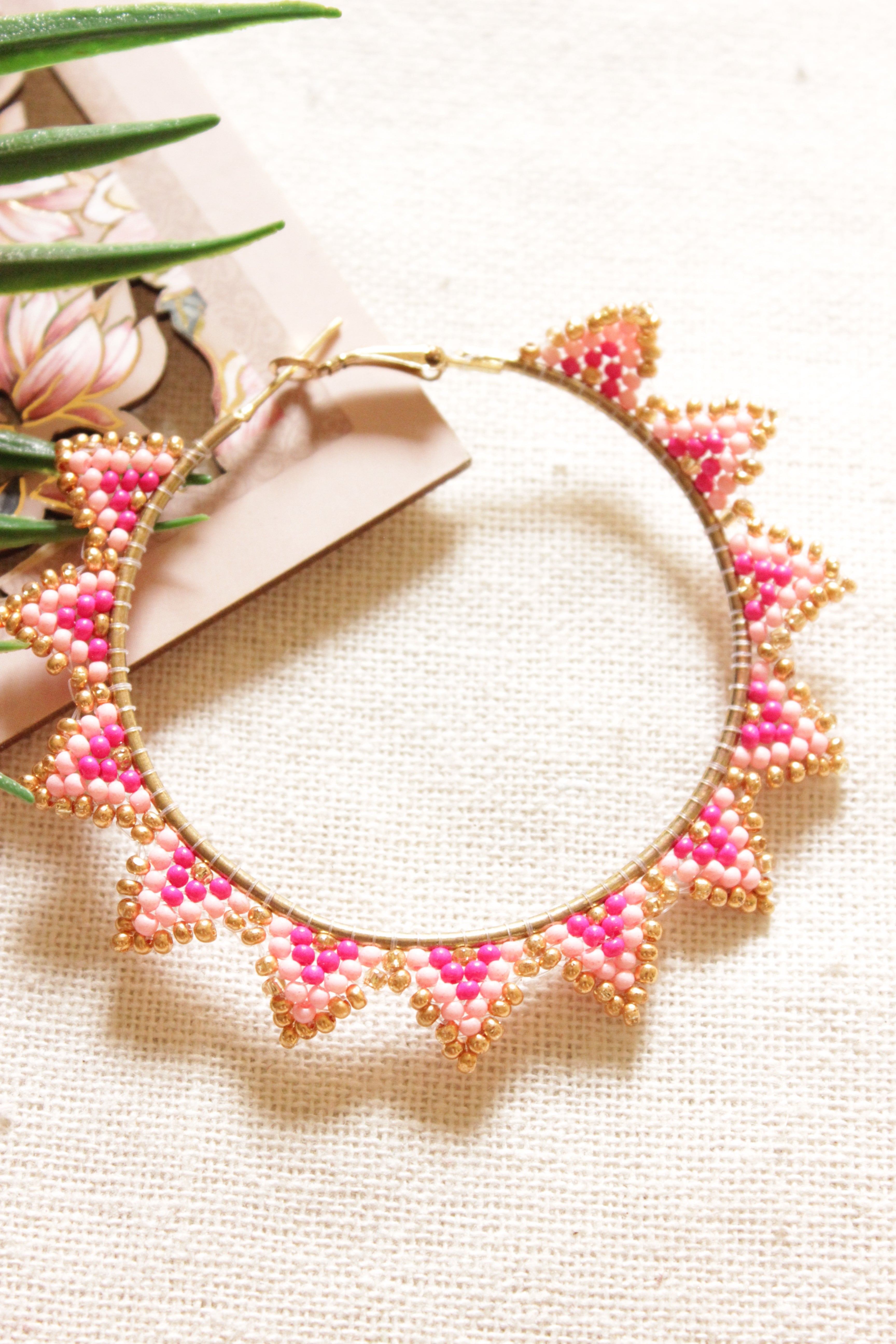 Shades of Pink Hand Beaded Gold Finish Hoop Earrings