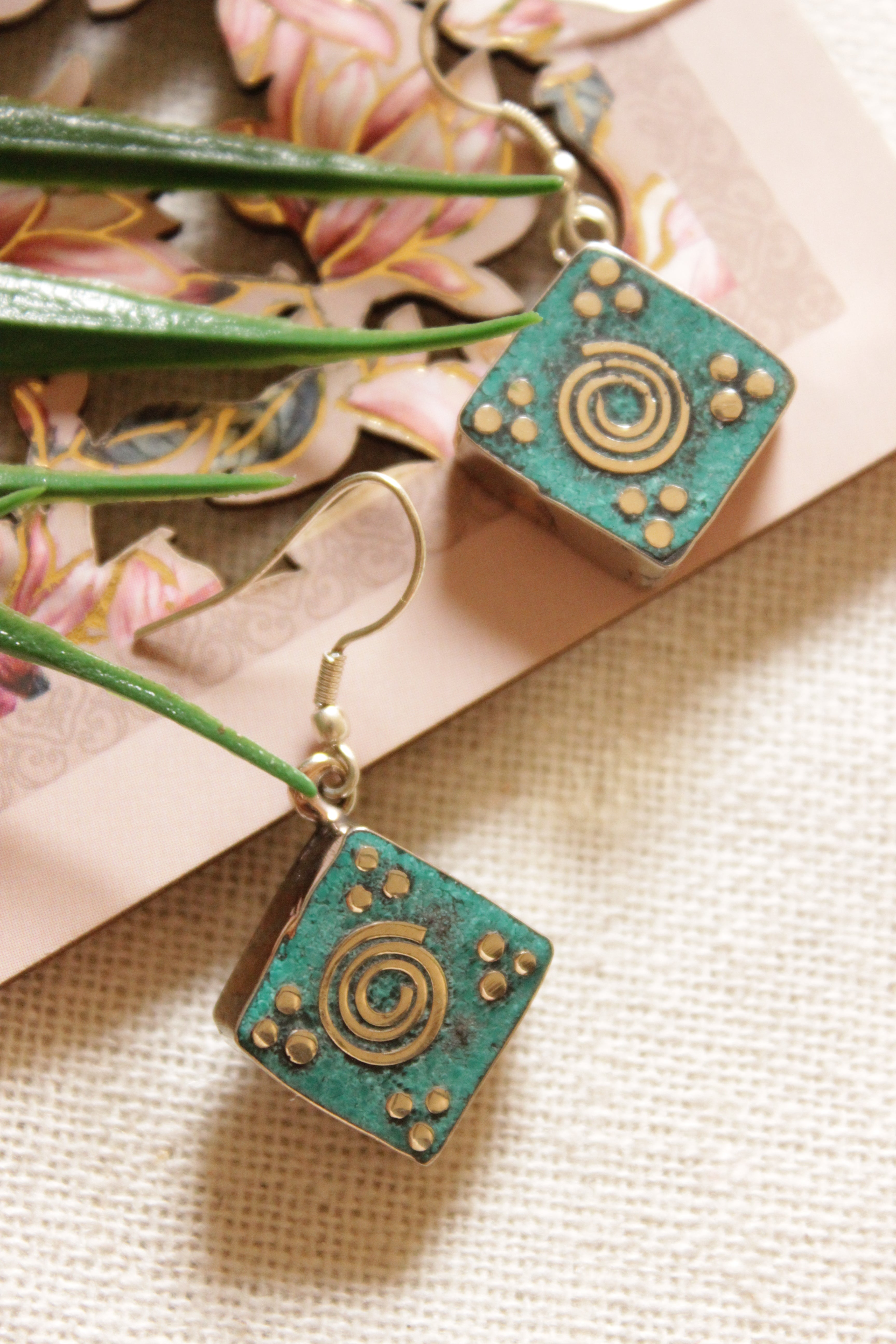 Turquoise with Gold Accents Tibetan Metal Earrings