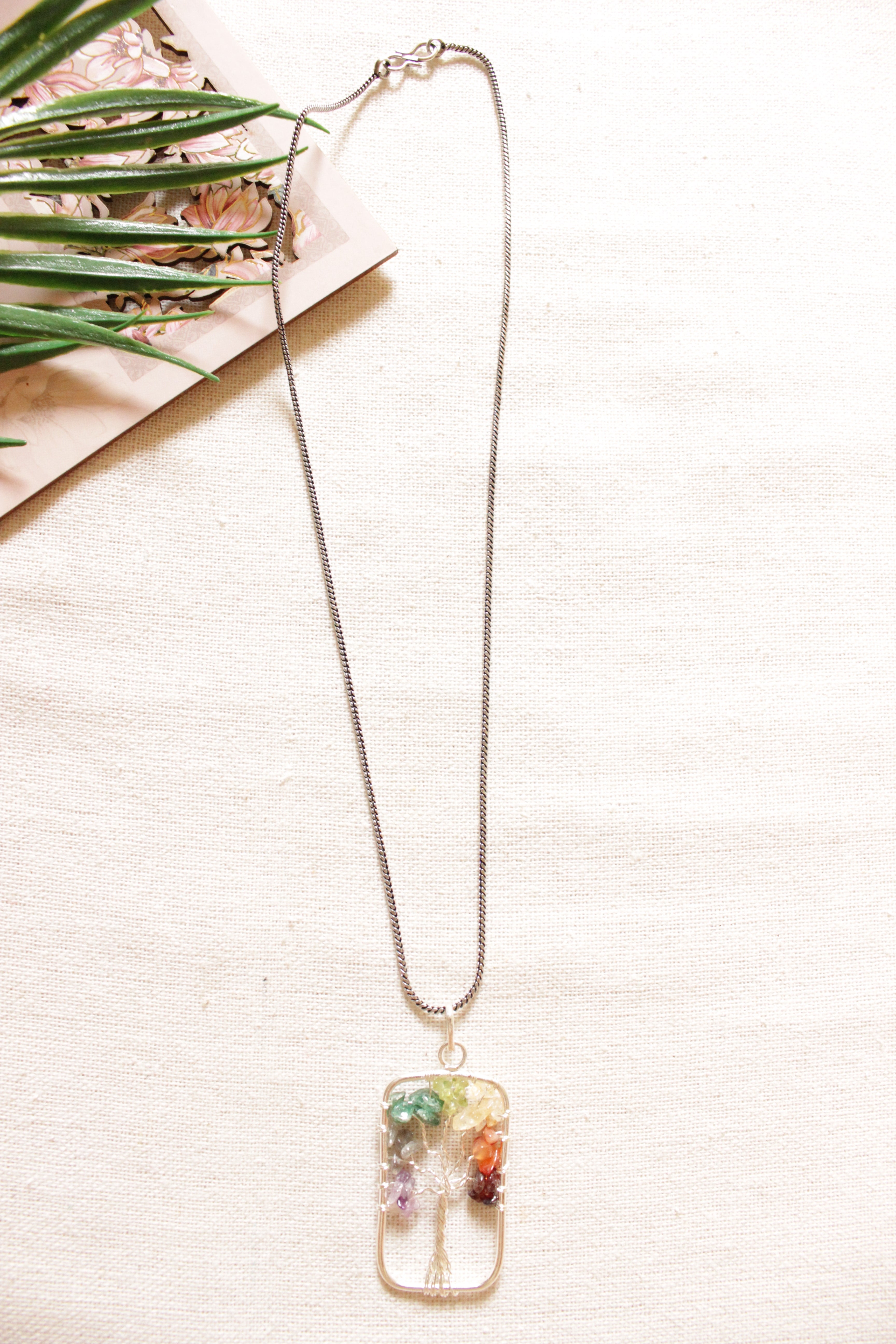 Natural Gemstones Embedded Tree Shaped Pendant Silver Finish Handmade Necklace
